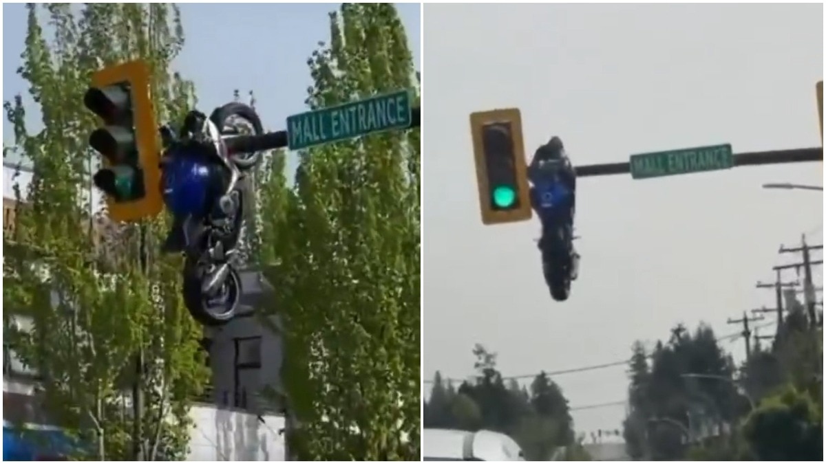 Bike flung mid-air in Canada crash, ends up hanging from traffic pole