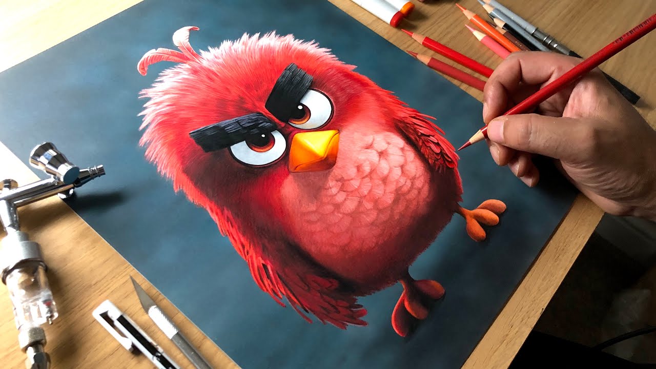 Insane realistic Angry Birds drawing made with colored pencils