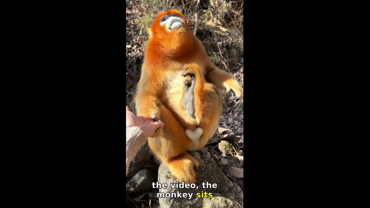 Golden snub-nosed monkey enjoys treats and scratches in Shaanxi, China