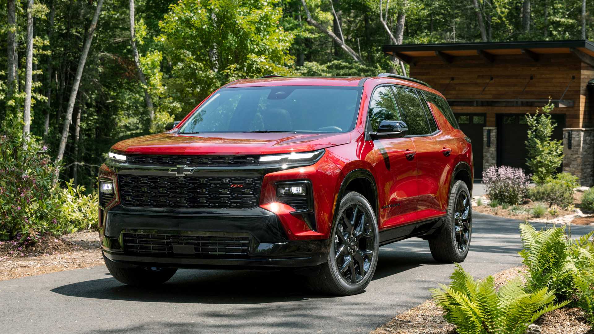 Red 2024 Chevrolet Traverse RS Parked Front 3/4 View