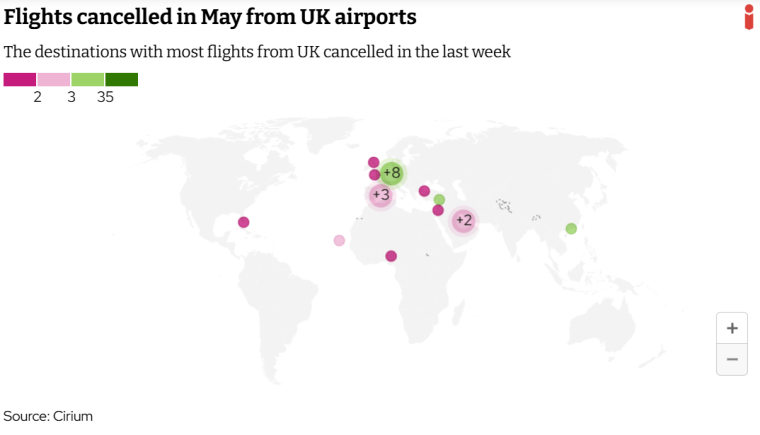 The routes where most UK flights are being cancelled, mapped