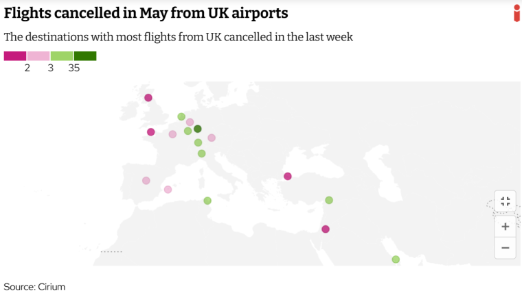 The routes where most UK flights are being cancelled, mapped