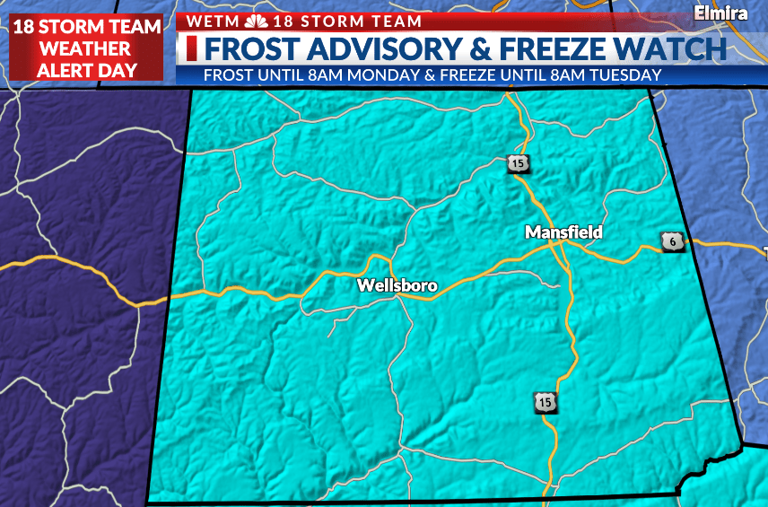 Alert: Frost advisory & freeze watch for the Twin Tiers Monday-Tuesday