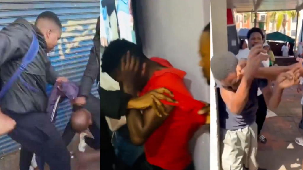 These are screengrabs of videos posted to X showing attacks on men accused of being undocumented immigrants in Durban and in Johannesburg.