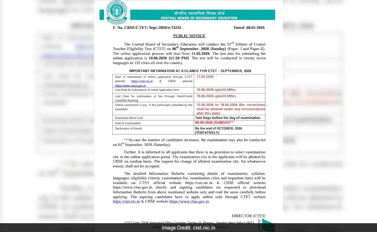 CTET September 2026 notification out; applications now open online