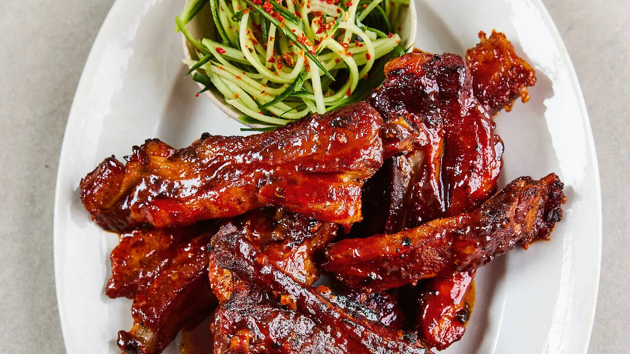 Sam Way's recipe for sticky-glazed pork ribs with cucumber slaw