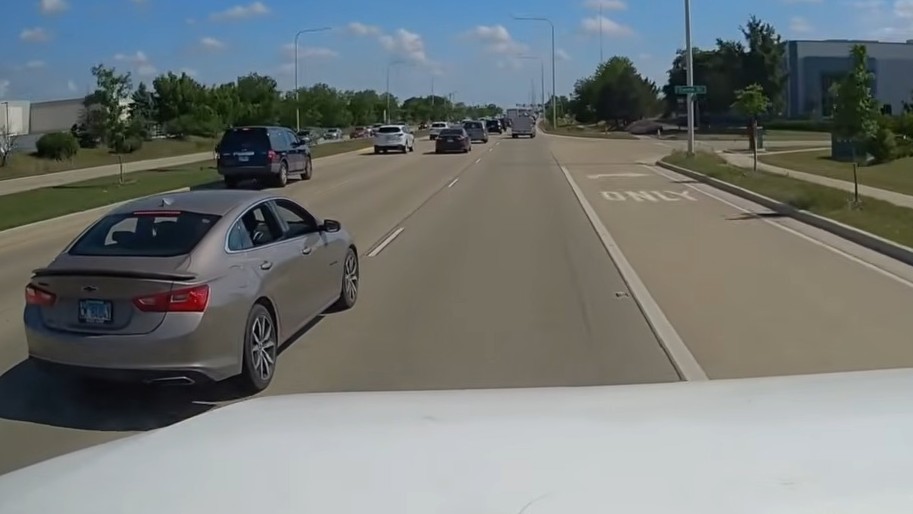Drunk Karen with kids in the back tries to cut off a truck - then lays ...