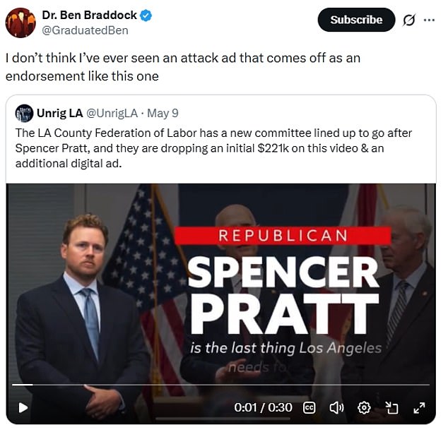 Ad attacking LA mayoral hopeful Spencer Pratt backfires