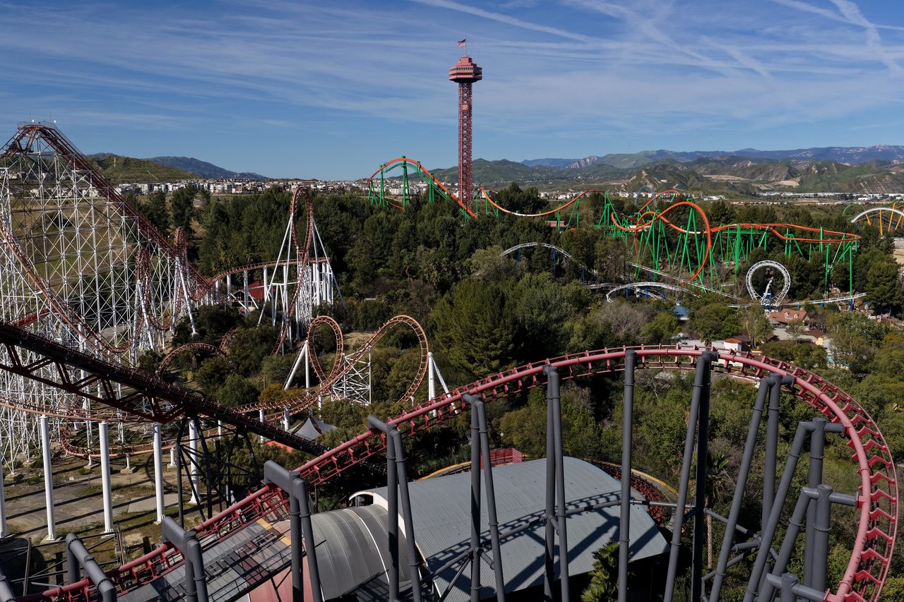 An aerial view of roller coasters at Six Flags Magic Mountain on March 06, 2026 in Valencia, California.