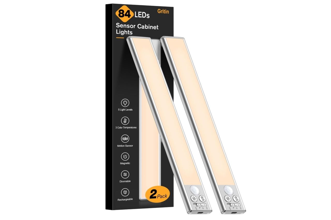 Gritin 10.2inch Under Cabinet Lighting Rechargeable 2 Pack- 3 Color Temps&5 Level Brightness, Super Bright, 4 Modes, Motion Sensor, Long Lasting - Easy Installation Magnetic Under Closet Lights