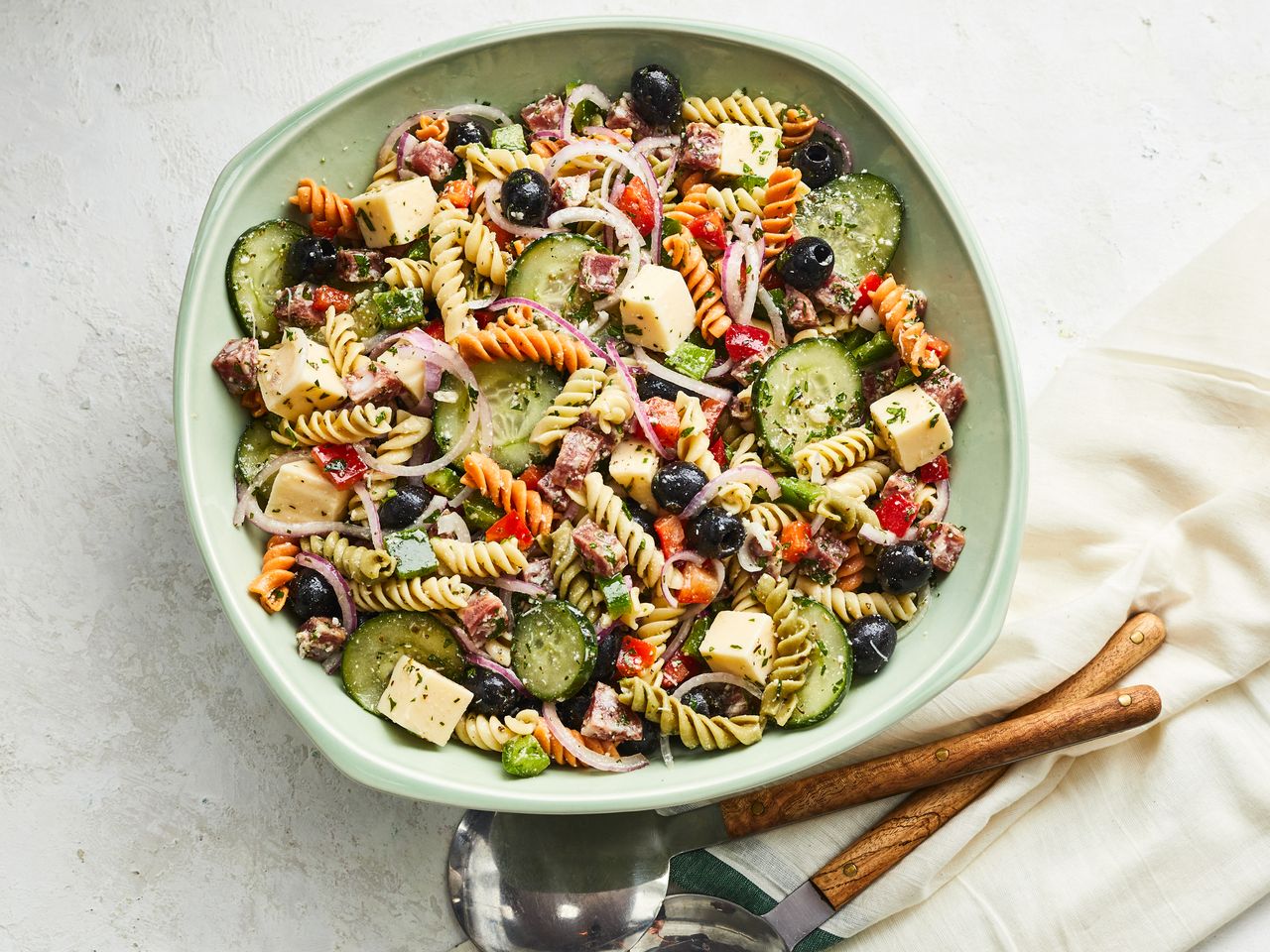 overhead view of Pasta Salad with homemade dressing served in a large bowl