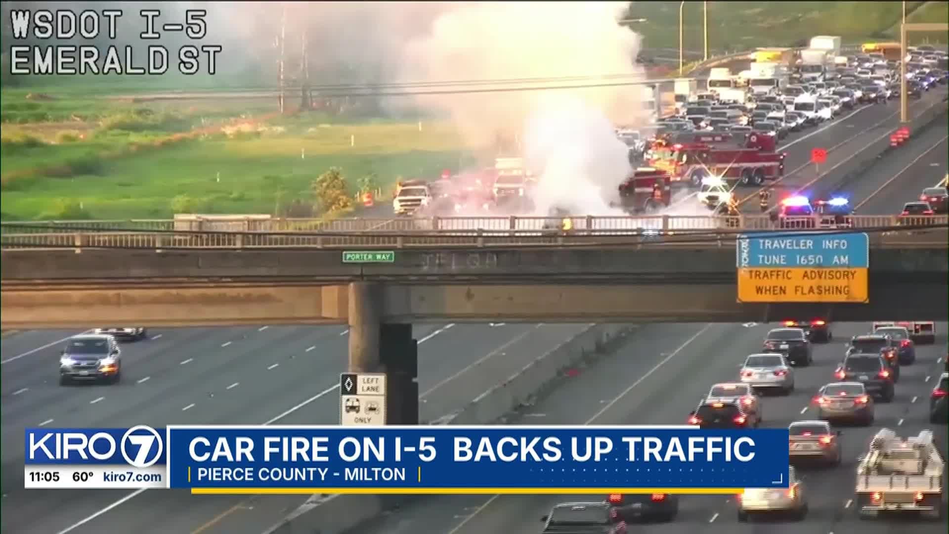 Northbound I-5 reopens in Fife after car fire breaks out