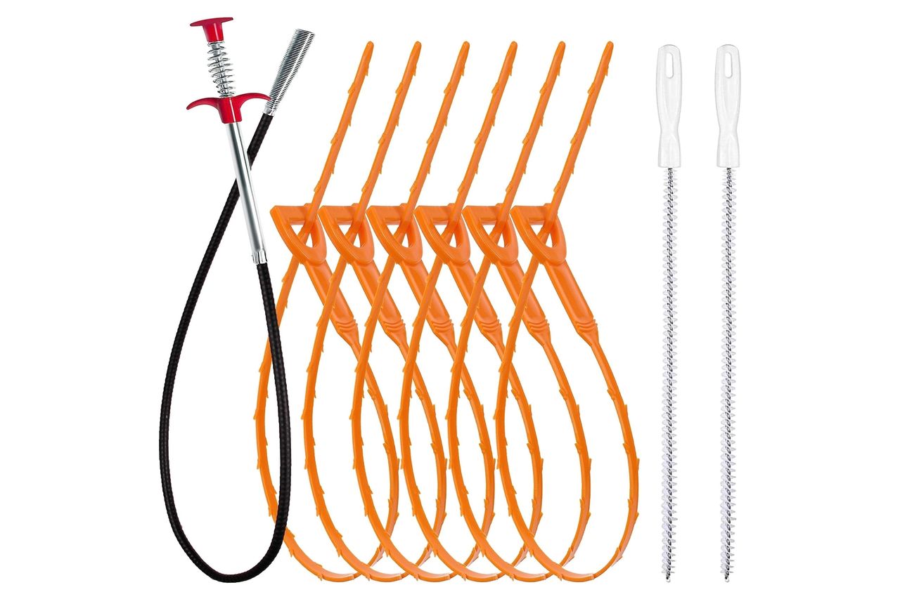 35.5inch Drain Clog Remover(1pcs), 25inch Drain Snake Hair Remover(6pcs) ＆ Cleaning Brush(2pcs), Hair Catcher Drain Auger Cleaner Tool Set For Toilet, Kitchen Sink, Bathroom Tub, Sewer, 9 Pack