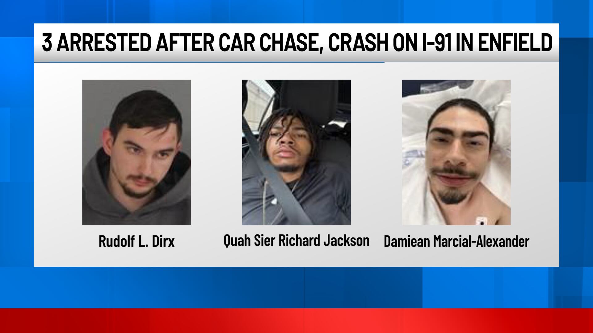 3 arrested after stolen car chase ends in crash on I-91 in Enfield