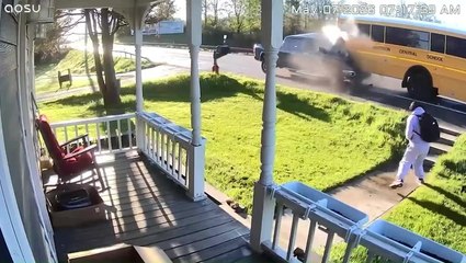 Moment distracted driver rear-ends school bus as teen student is about ...