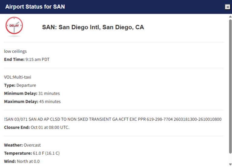 San Diego Airport: Flight delays due to high demand, low clouds