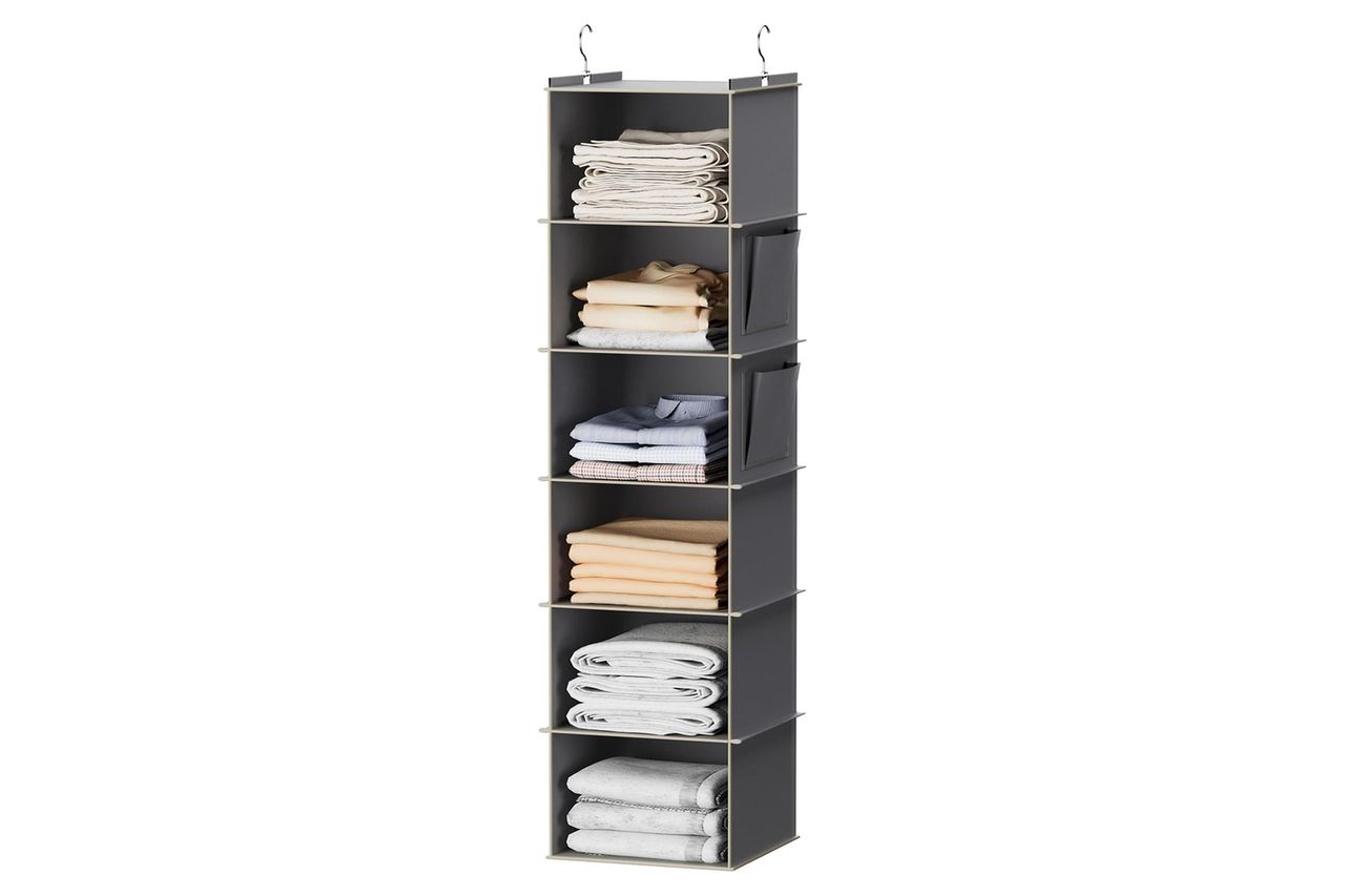 YOUDENOVA Hanging Closet Organizer and Storage, 6-Shelf Closet Hanging Storage Shelves, Grey