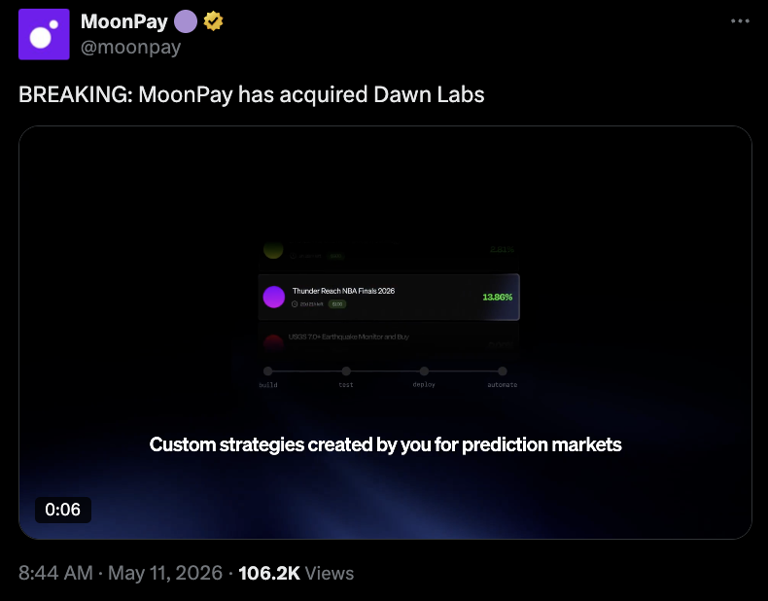 MoonPay makes prediction markets push with Dawn Labs buy, AI tool launch