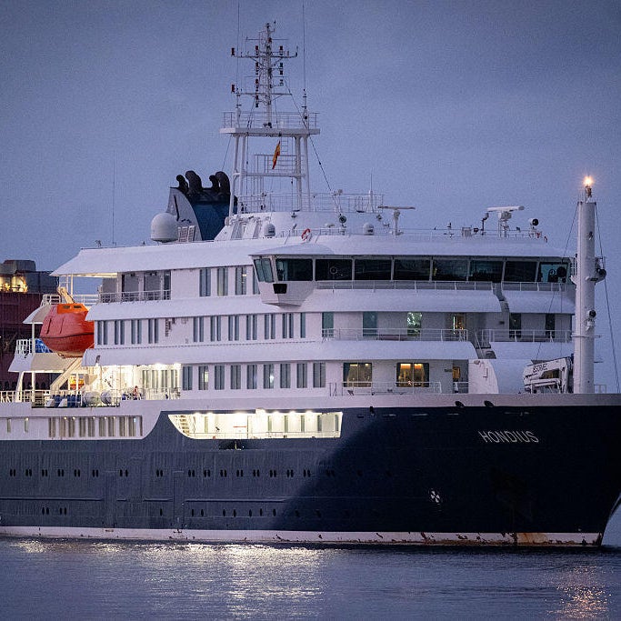 TENERIFE, SPAIN - MAY 10: The HV Hondius approaches the Port of Granadilla, carrying passengers possibly infected with hantavirus on board in Tenerife, Canary Islands on May 10, 2026.