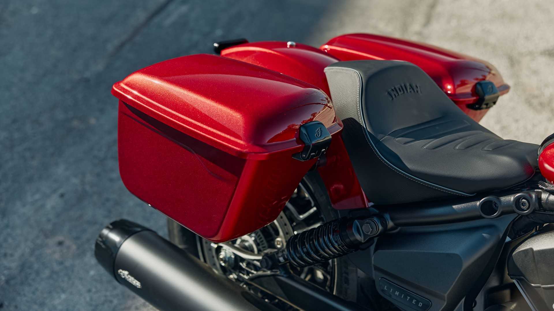 2026 Indian Sport Scout RT red sidecases close-up shot