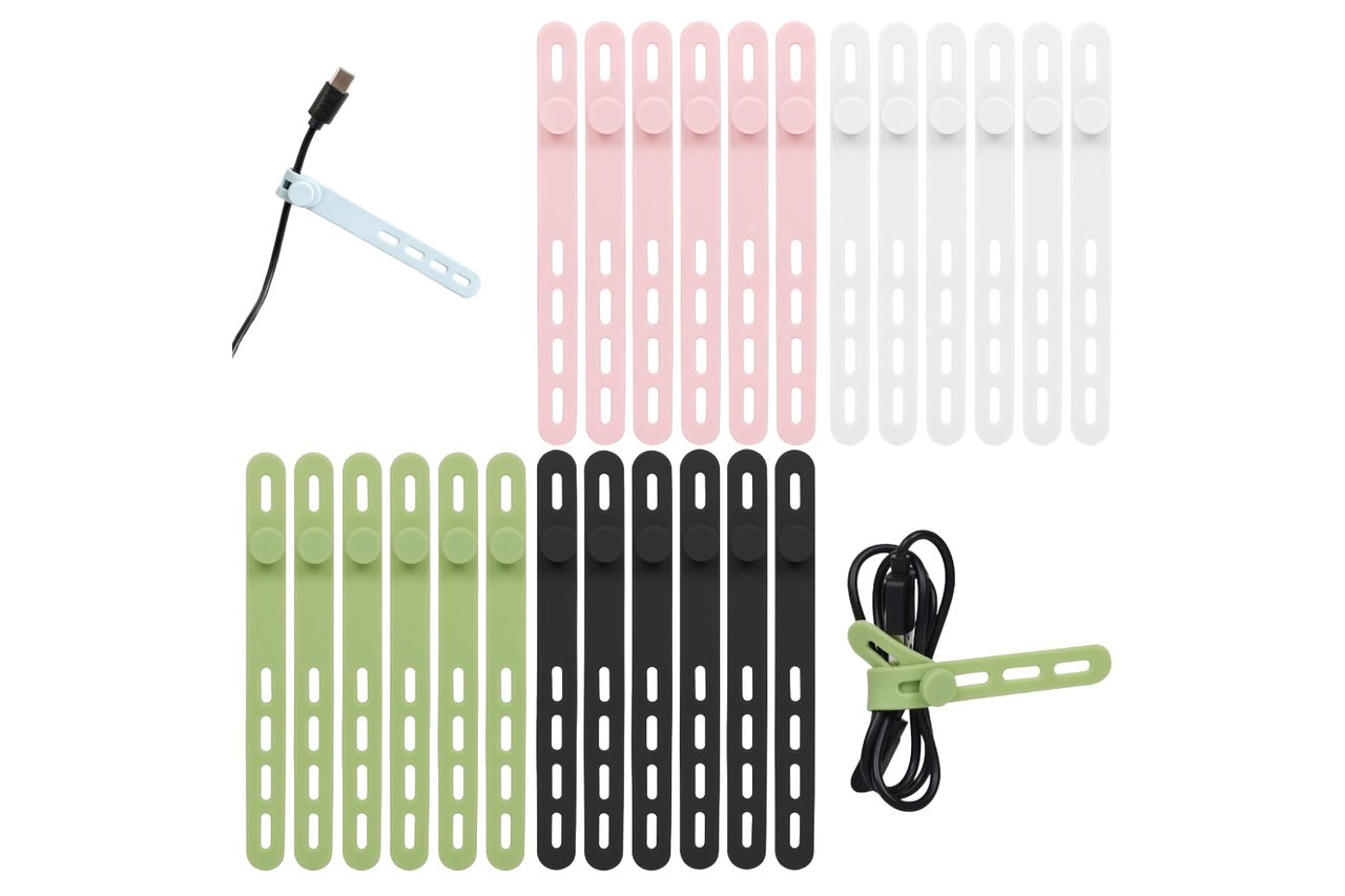 Donruby 24Pcs Silicone Cable Ties - Reusable & Washable with Locking Buckles, Adjustable Fastening Cable Management Straps, Multi-Purpose High Elasticity Cord Organizer (4 Colors)