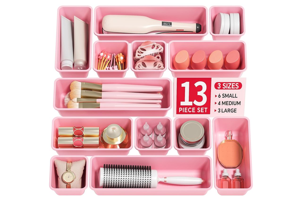 Canfanni 13 Pack Plastic Drawer Organizers Set, 3 Sizes Desk Drawer Organizer Trays for Vanity and Makeup Organizer, Organization and Storage for Makeup, Kitchen Utensils, Bathroom and Office(Pink)