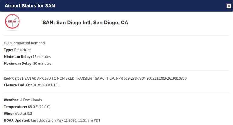 San Diego Airport: Flight delays due to high demand, low clouds
