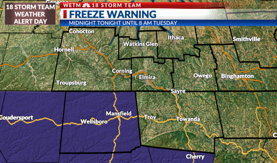 Freeze warning issued through Tuesday morning