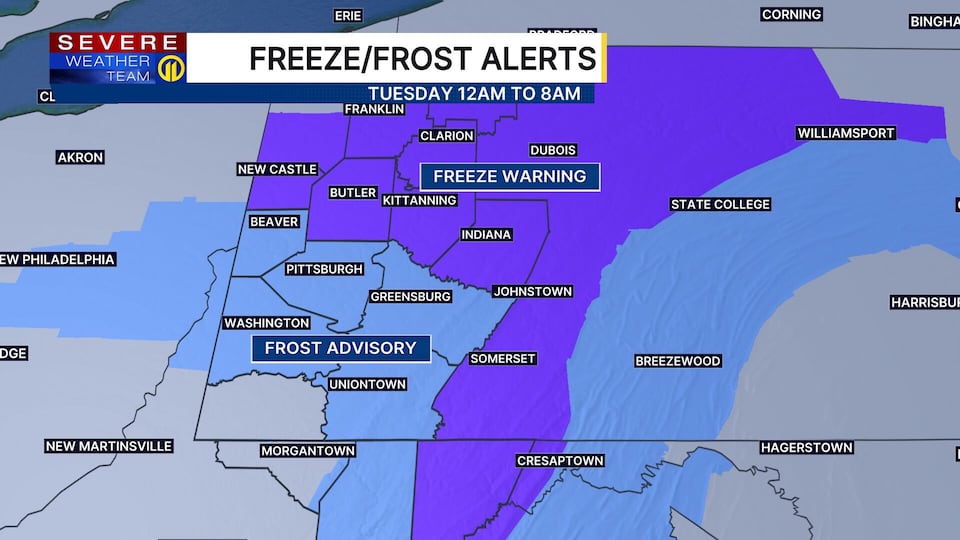 Frost, freeze advisories issued for Tuesday