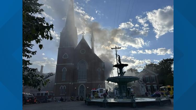 Crews battle large fire at historic church in southern Indiana