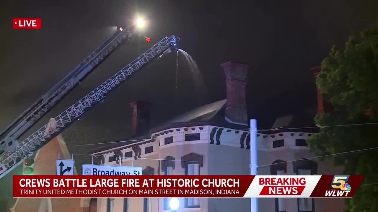 Crews battle massive fire at historic Indiana church