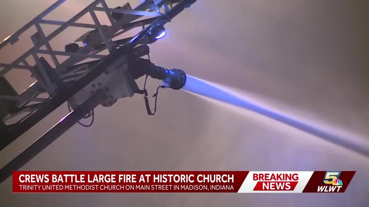 Crews battle massive fire at historic Indiana church