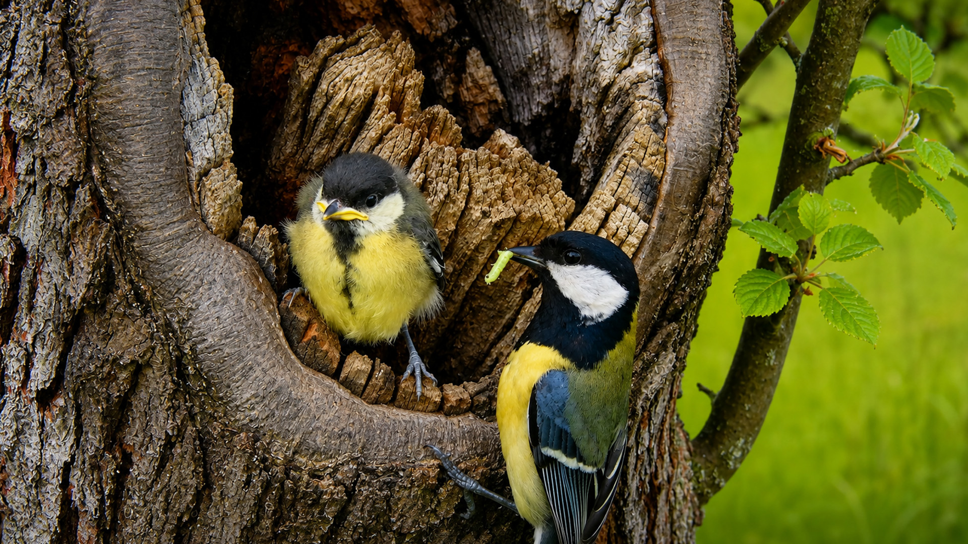 Hidden camera captures parent bird feeding chick inside tree hollow