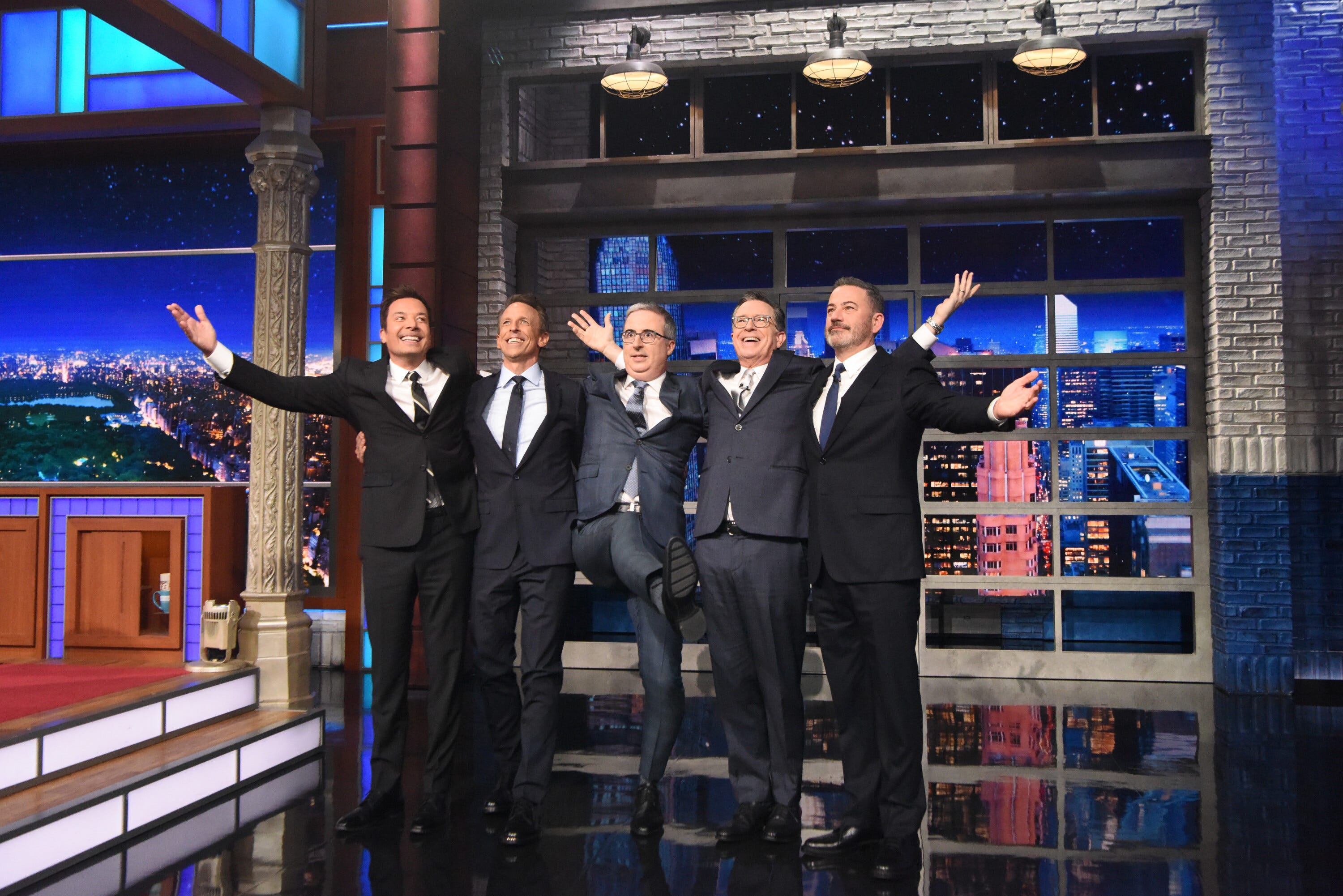 "The Late Show with Stephen Colbert" and guests Jimmy Kimmel, Jimmy Fallon, John Oliver, and Seth Meyers during Monday’s May 11 show.