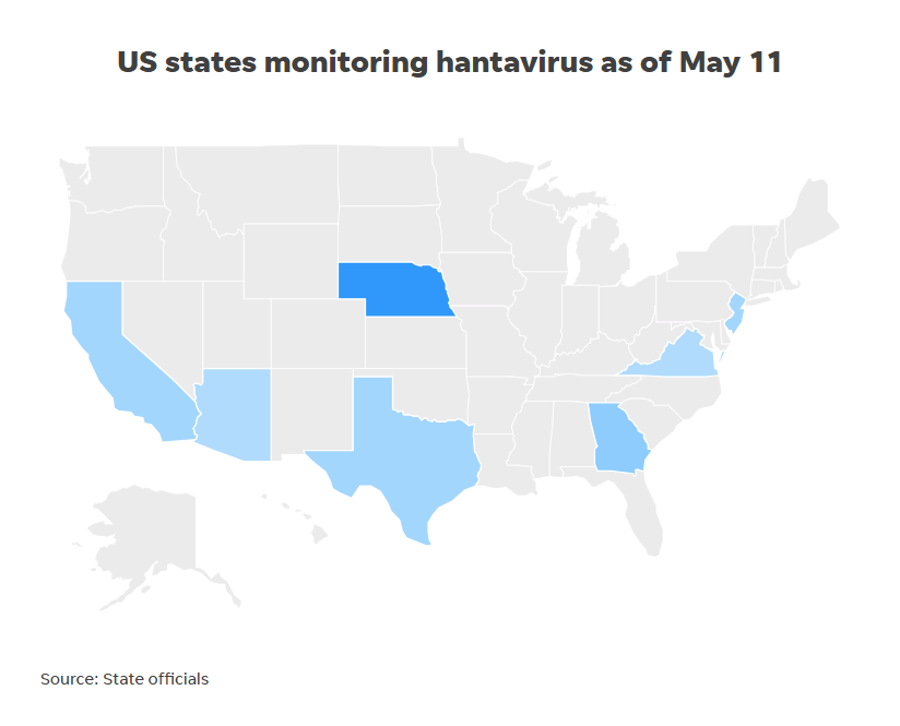 Screenshot from map showing which states are monitoring people for hantavirus as of May 11, 2026.