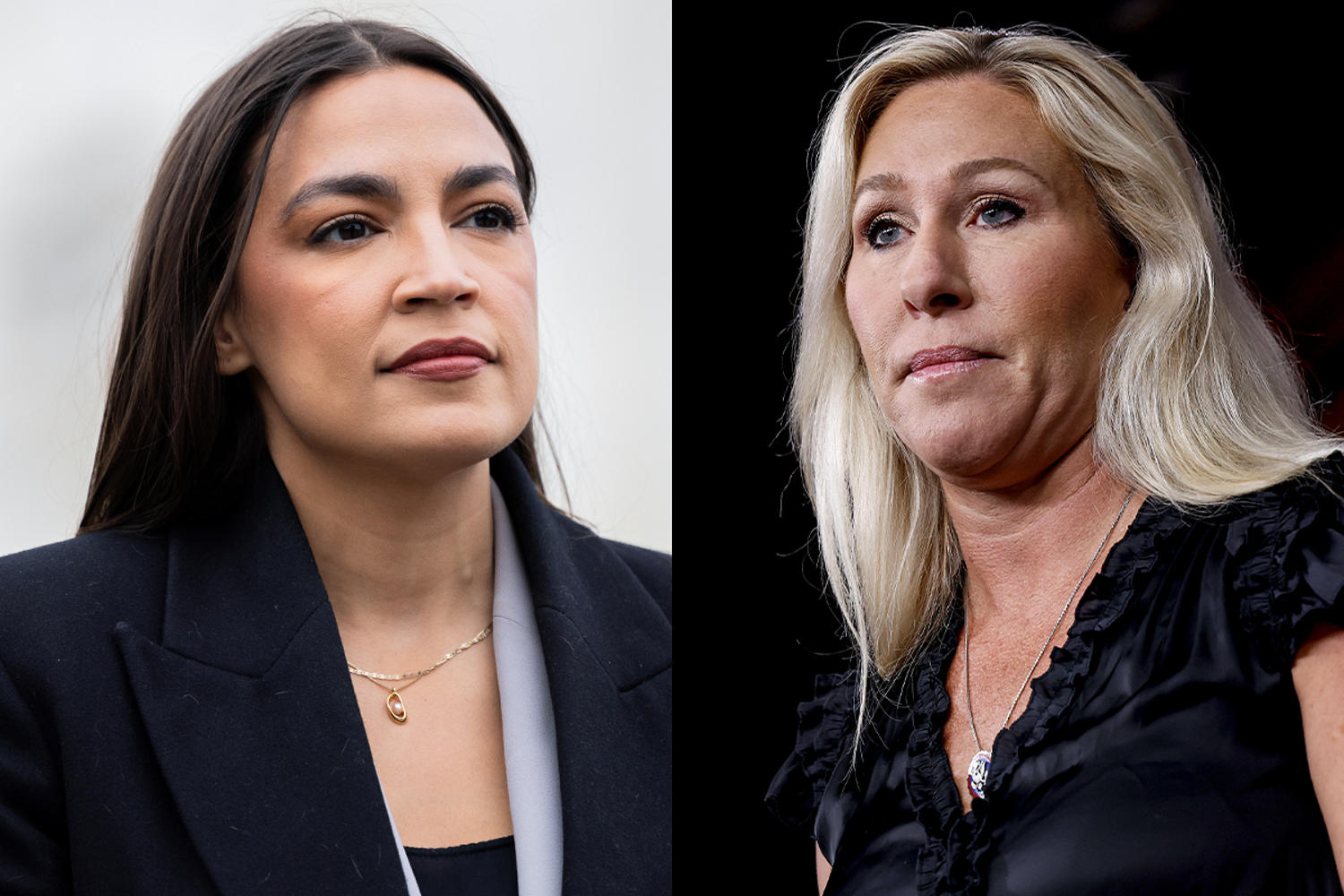 A split composite image of Alexandria Ocasio-Cortez, left, and Marjorie Taylor Greene