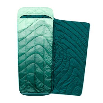 Sleeping bag with quilted design, unzipped to show interior. Ideal for outdoor enthusiasts