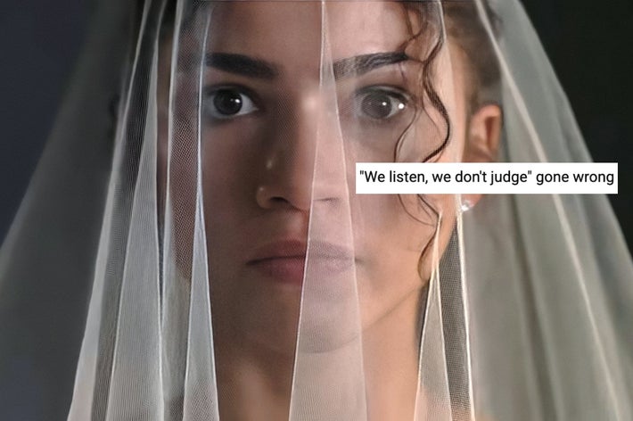 Person behind a veil with the text