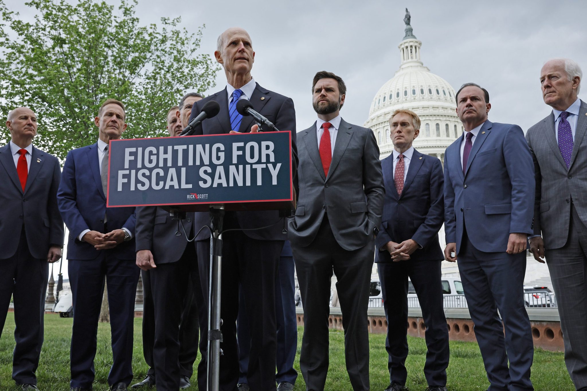 Sen. Rick Scott (R-FL) is joined by fellow Senate Republicans for a news conference where he urged the White House and Senate Democrats to pass the House GOP legislation that would raise the debt limit and cut federal spending, outside the U.S. Capitol on May 03, 2023 in Washington, DC.