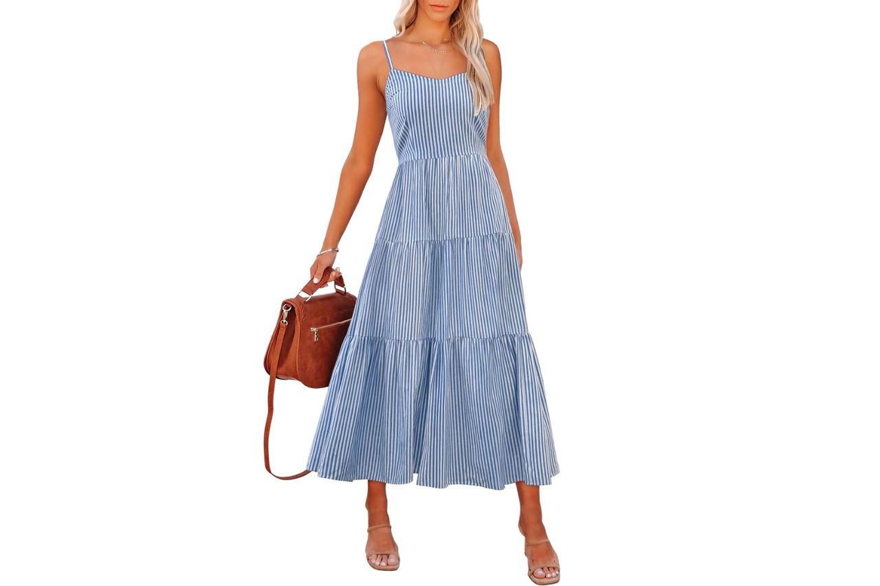 ANRABESS Womens Summer Midi Dresses Casual Striped Plaid Sleeveless Flowy Maxi Dress