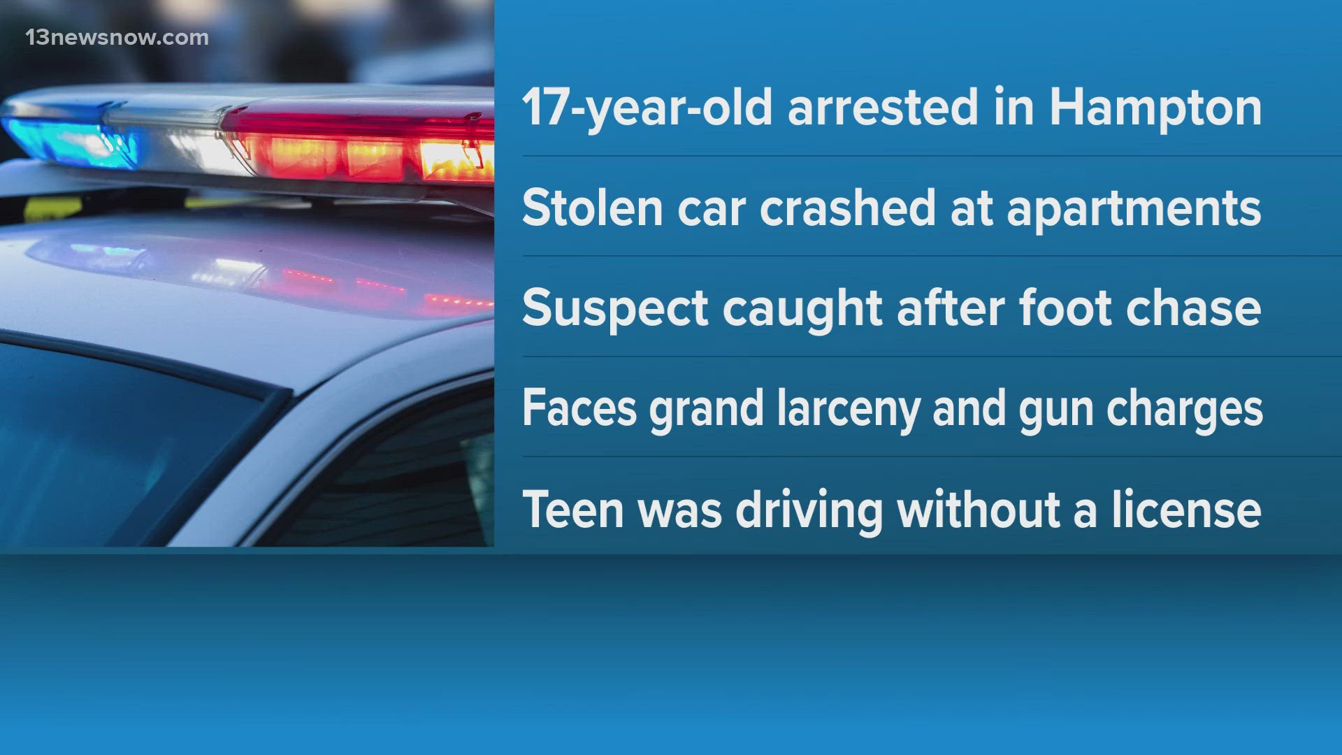 Teen arrested after stolen vehicle crashes in Hampton