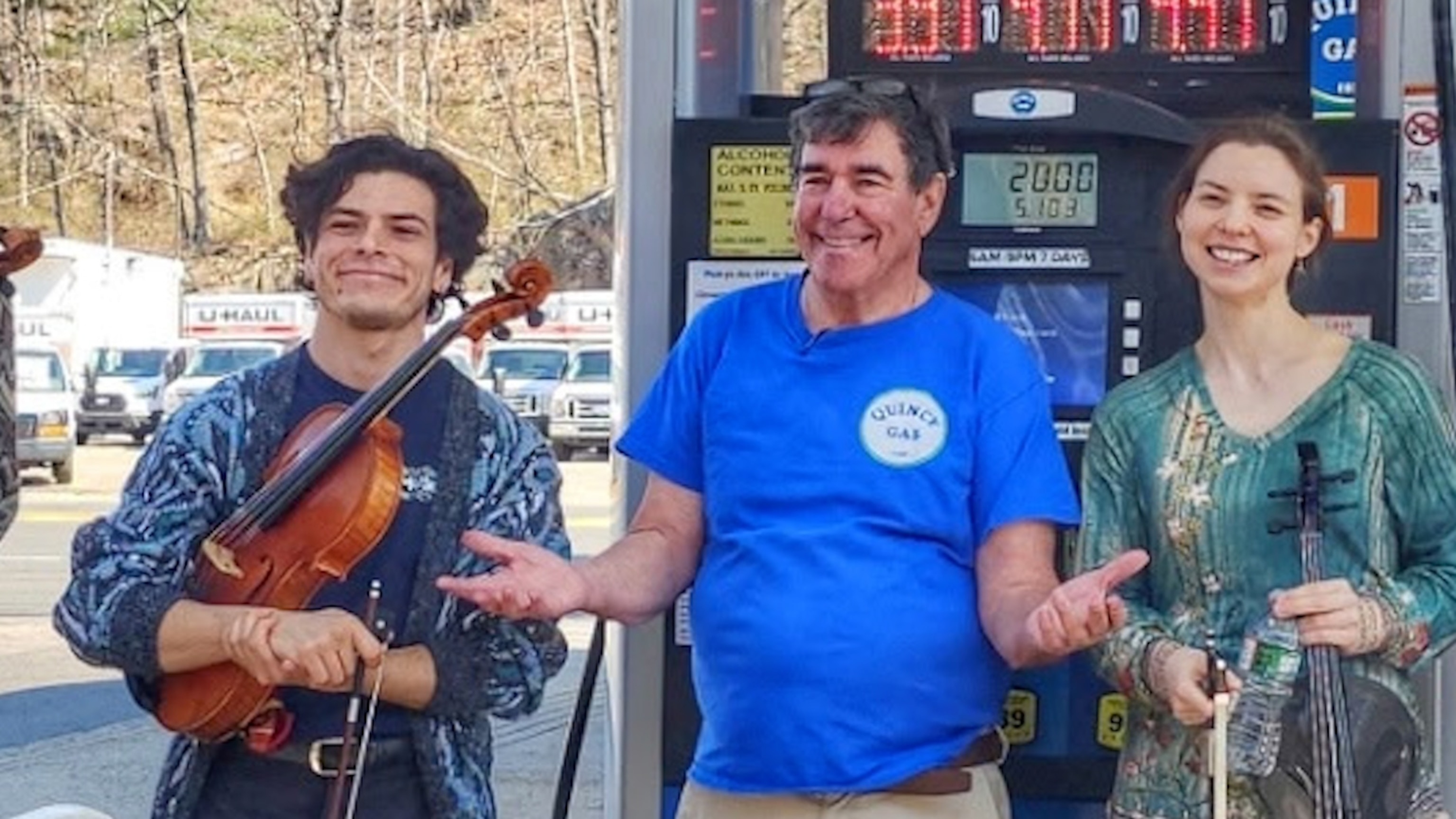 Musicians perform for customers at the pump, amid high gas prices