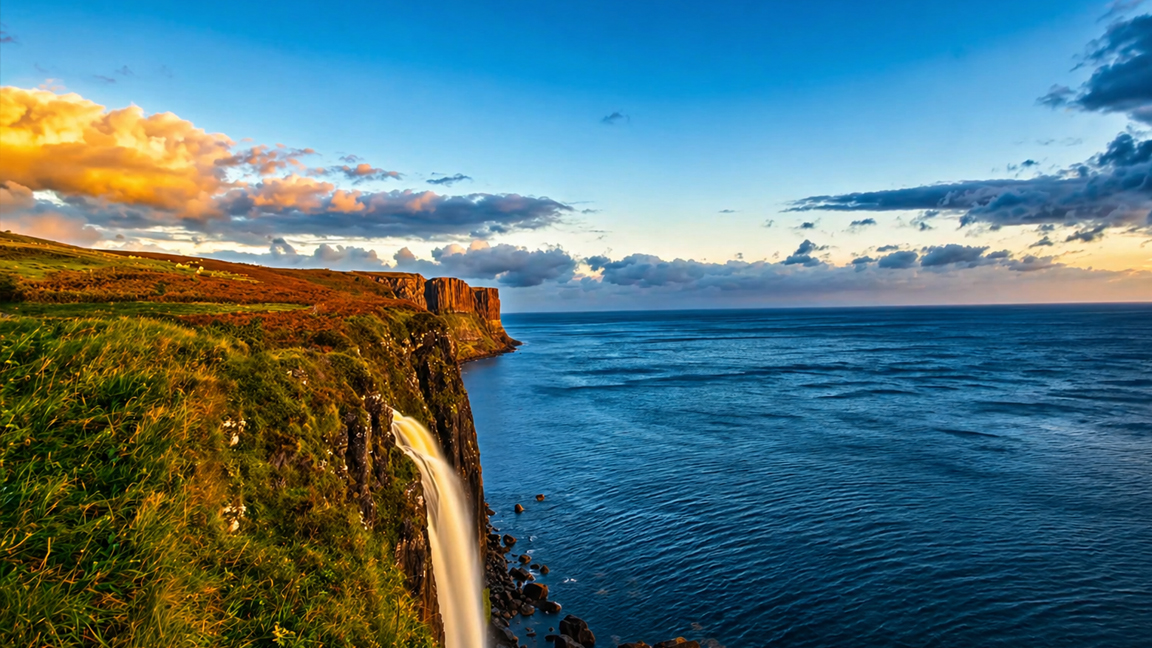 Golden hour coastal scene with waterfall and rocky cliffs