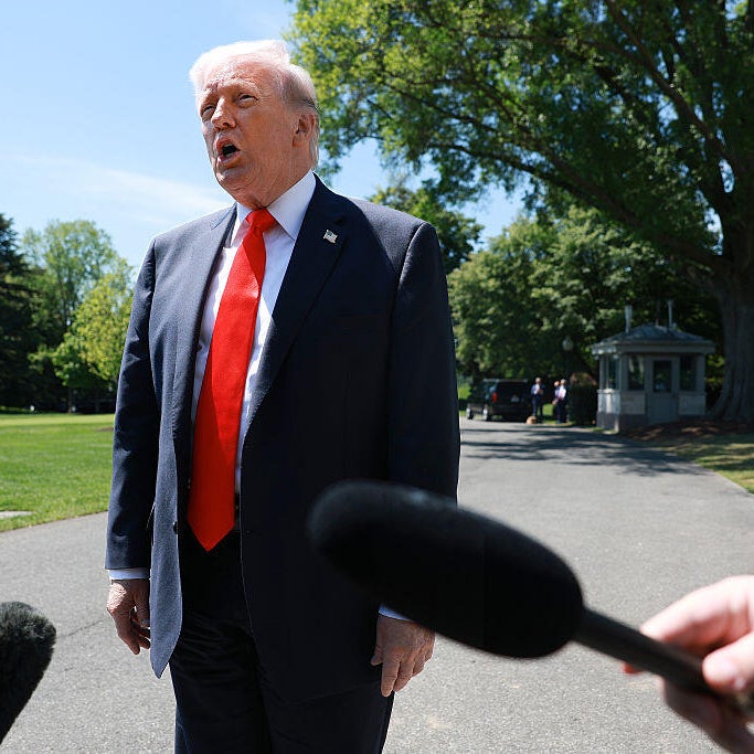 President Trump speaks to reporters as he departs the White House in Washington, D.C., on May 1, 2026.