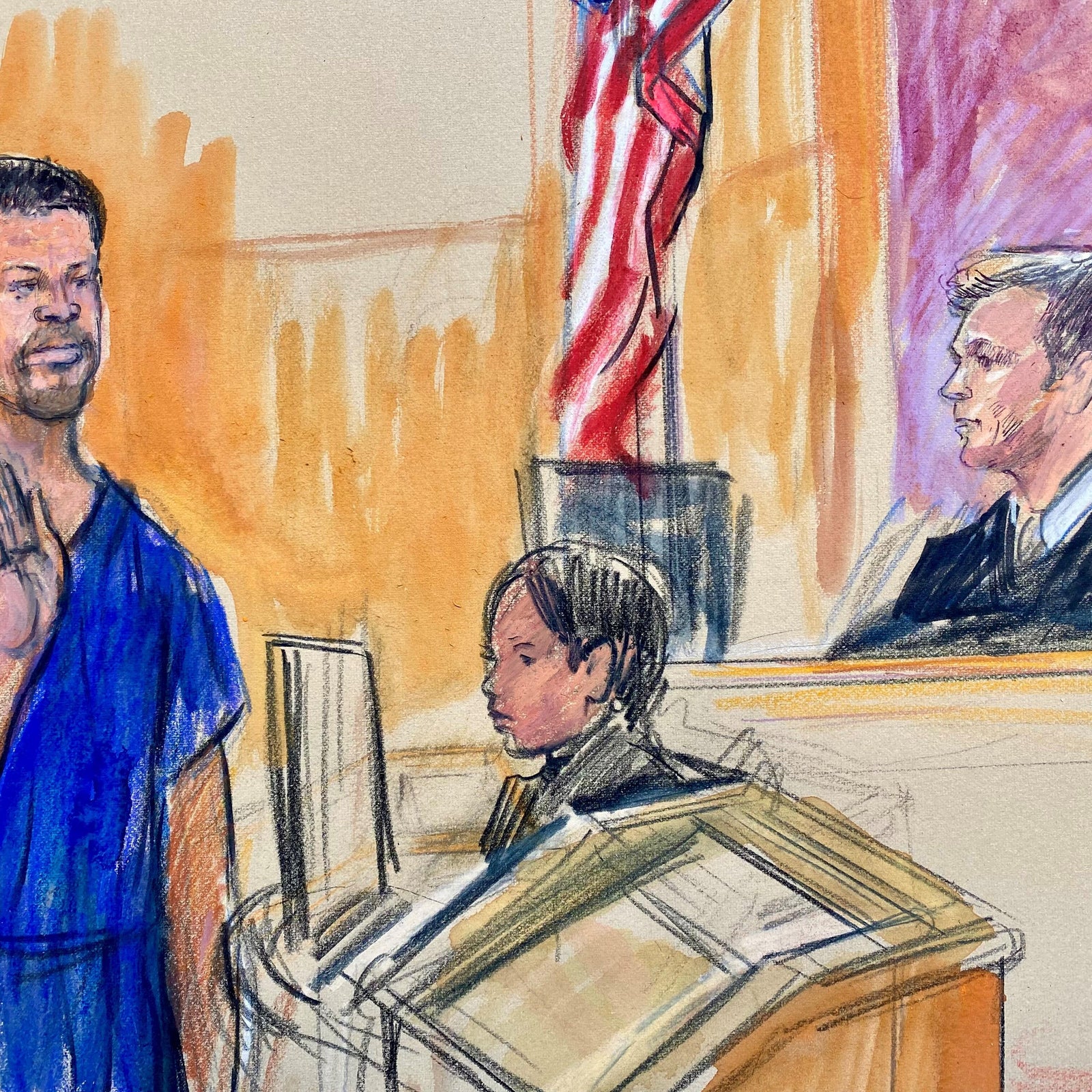 Court sketch of Cole Tomas Allen's arraignment on charges related to the White House Correspondents' Dinner shooting, April 29, 2026.