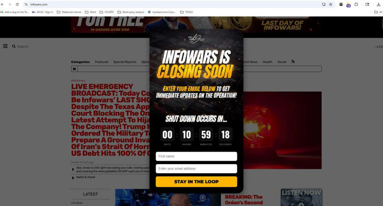 Infowars shuts down website ahead of pending hearing on Onion takeover