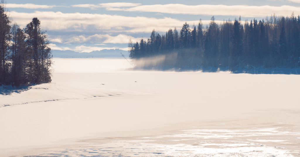 A serene winter landscape in central Idaho featuring a frozen Lake Cascade surrounded by pine trees under a cloudy sky.