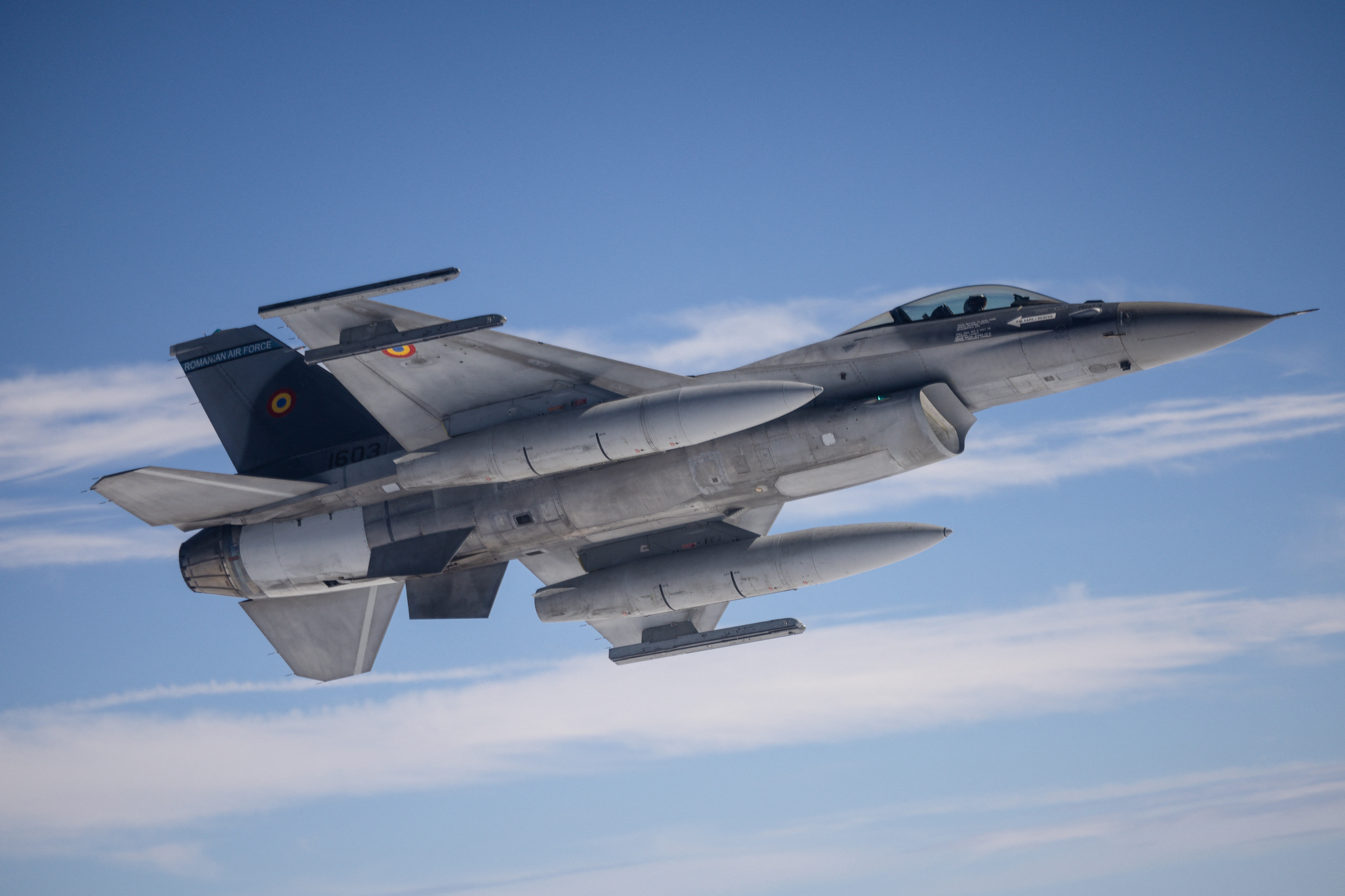 Photo from October 4, 2024 shows a Romanian Air Force F-16 fighter jet waiting for an aerial refueling, while they participate in the “Ramstein Flag 2024” exercice.