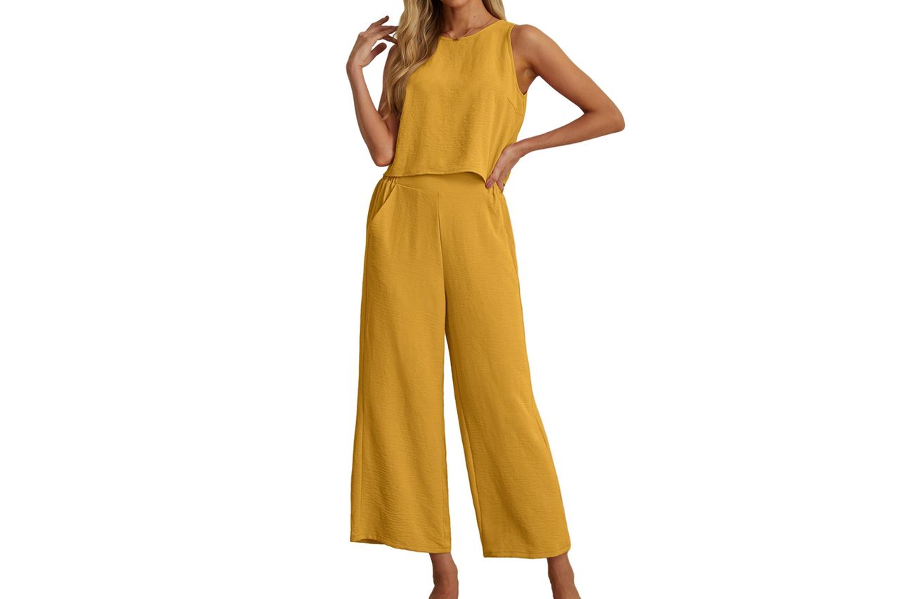 IWOLLENCE Women's Summer 2 Piece Outfits Set Round neck Sleeveless Tank Crop Top Wide Leg pants Set Pockets Jumpsuits