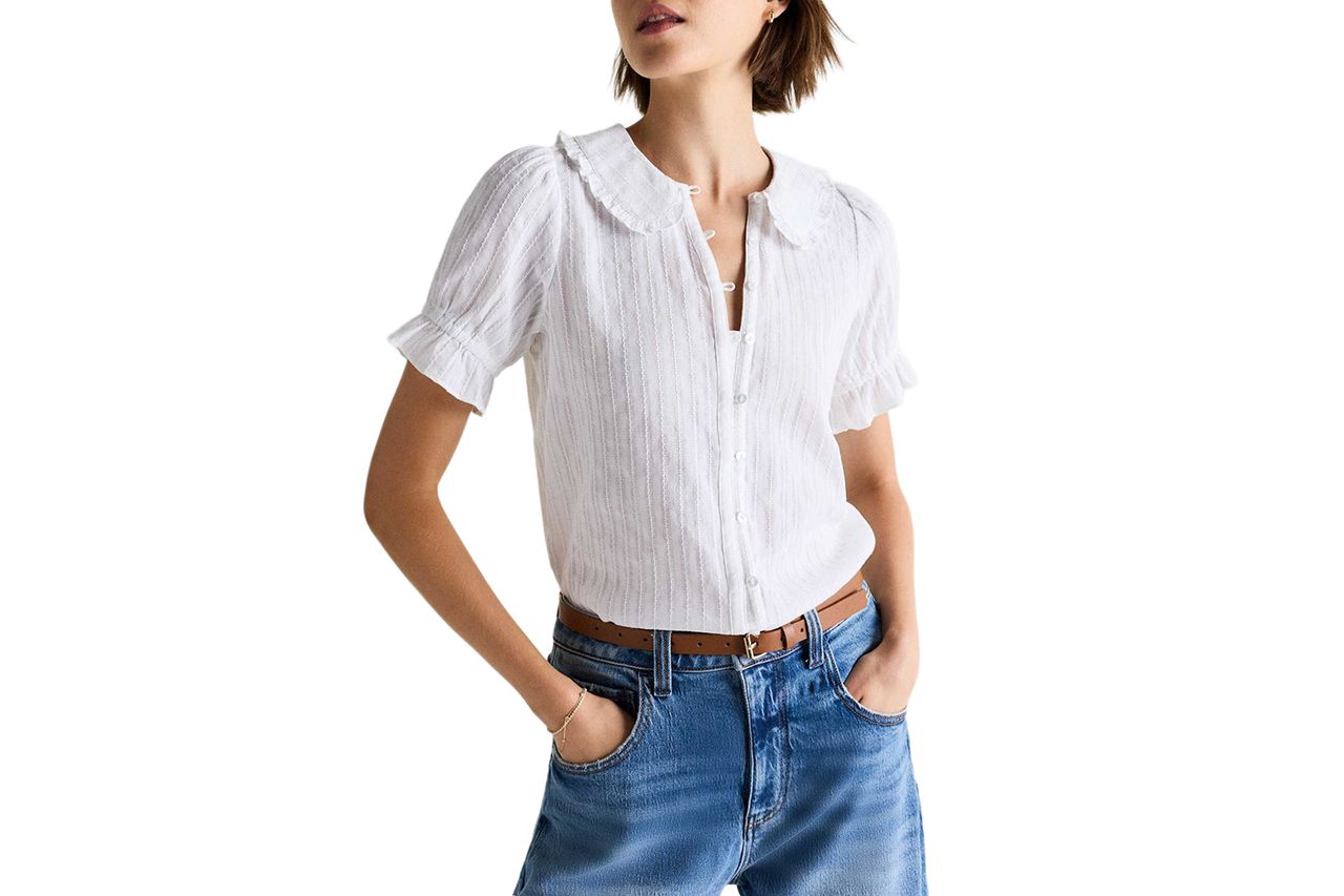 Embroidered Cotton Ruffle Collar Short Sleeve Blouse
